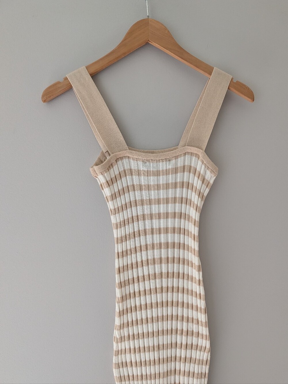 NWT Merokeety Beige Cream Striped Ribbed Knit Midi Dress S Square Neck - Picture 7 of 8
